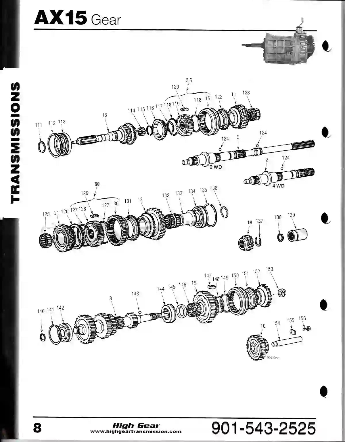 Explode view diagram of Jeep Wrangler AX-15 Manual Transmission gearing with part reference numbers