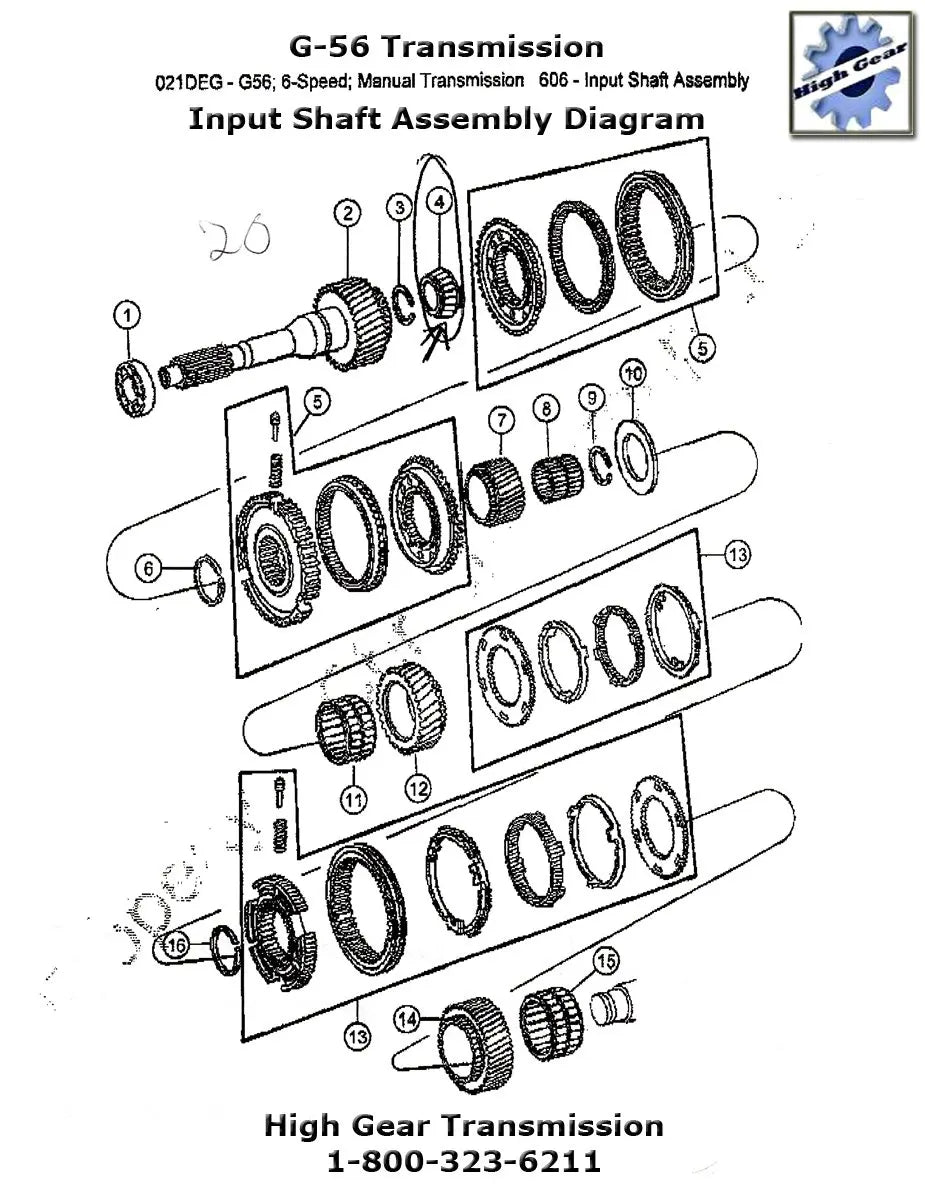 Exploded view diagram of a G-56 transmission input shaft assembly with part numbers by High Gear transmission