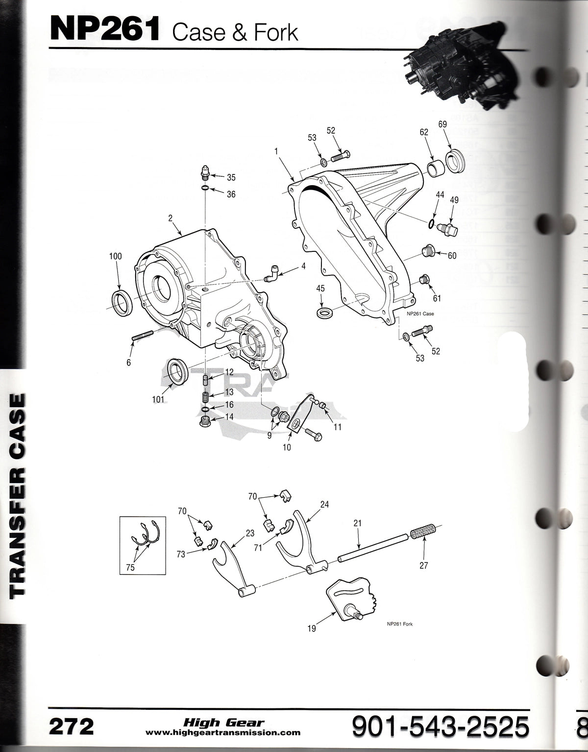 Exploded view diagram of an NP261 transfer case and fork