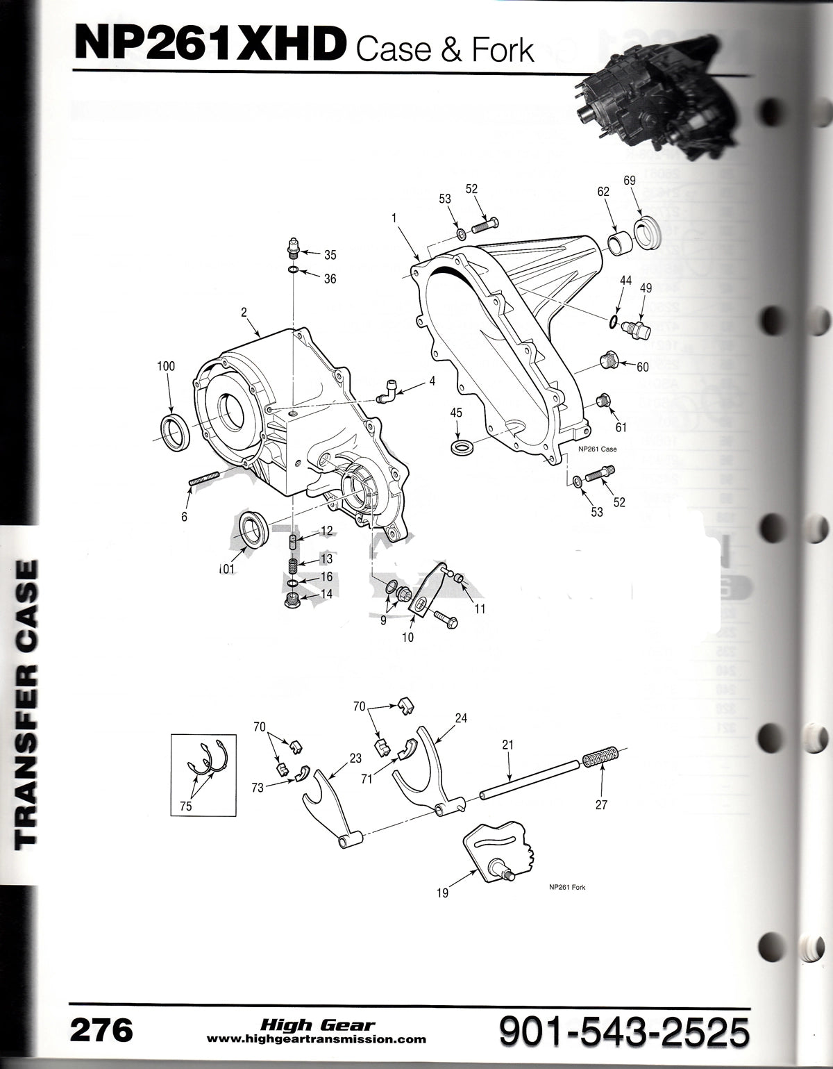 An exploded view diagram illustration of an NP261XHD transfer case by High Gear transmission