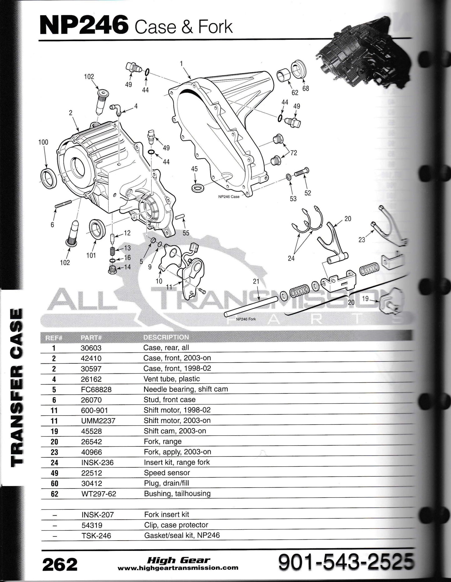 Exploded view diagram of an NP246 transfer case and fork