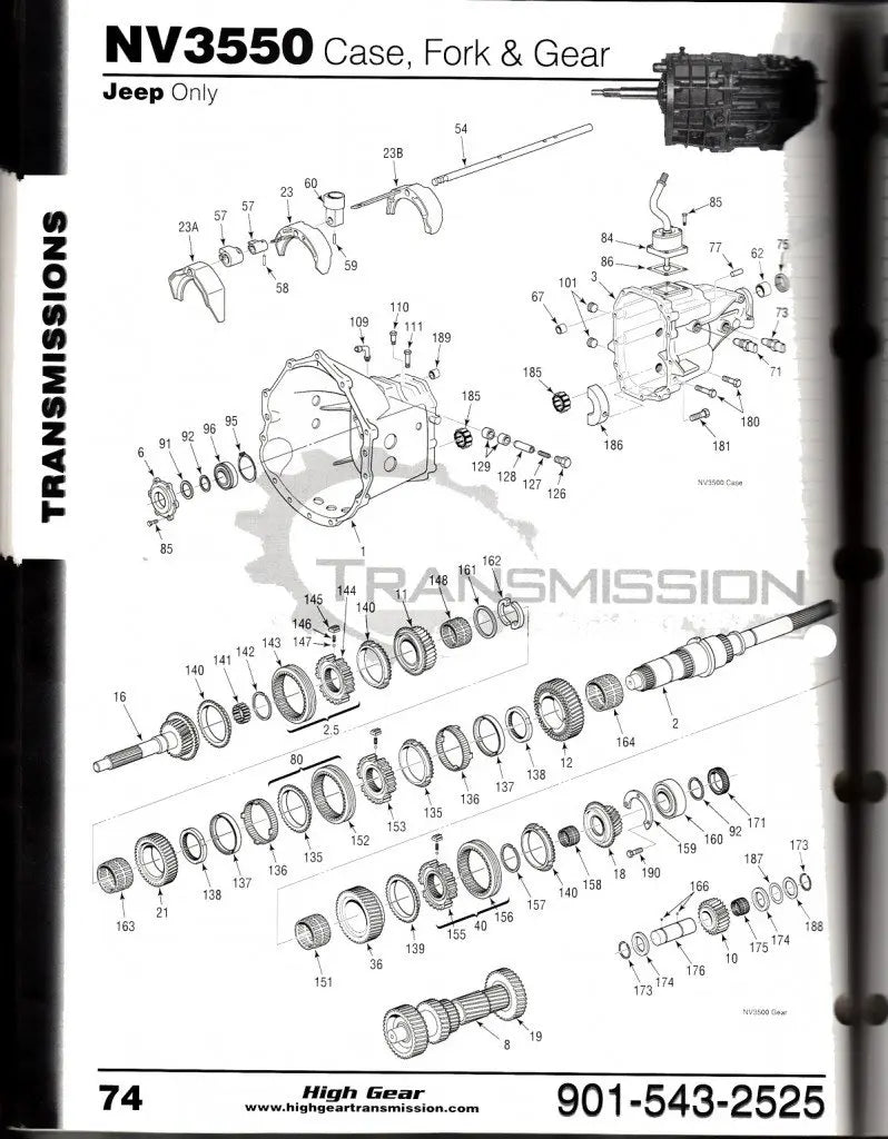 Exploded view diagram of a Jeep NV-3550 Manual Transmission and gearing with part numbers