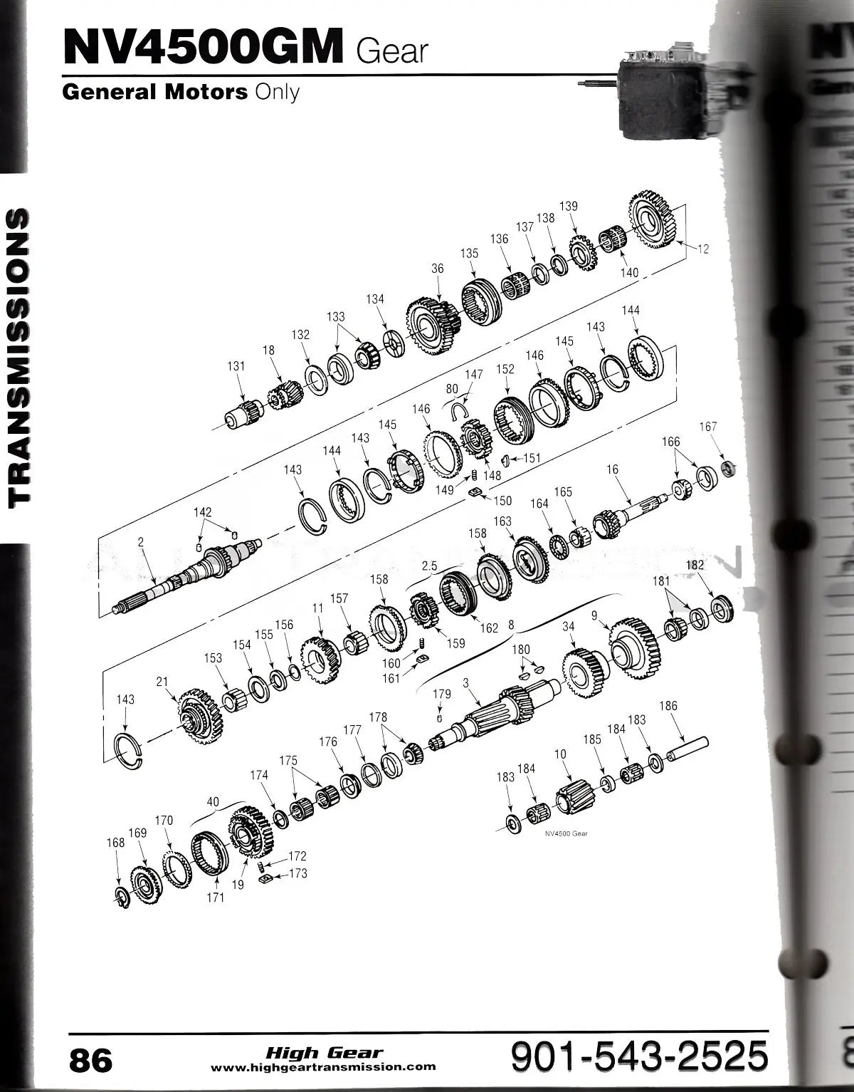 Exploded view diagram of General Motors NV-4500 Manual Transmission gearing with part numbers by High Gear transmission