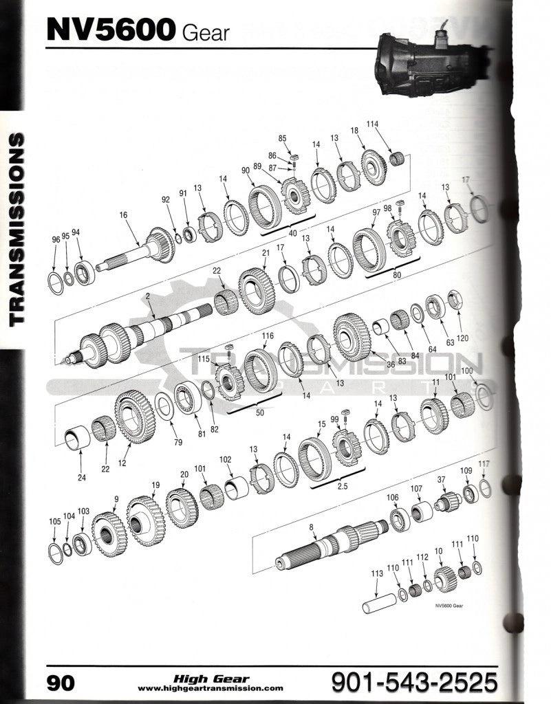 Exploded view diagram with part numbers of an NV5600 transmission gearing by High Gear transmission