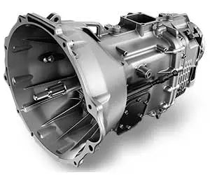 A remanufactured Dodge G56 manual transmission on white