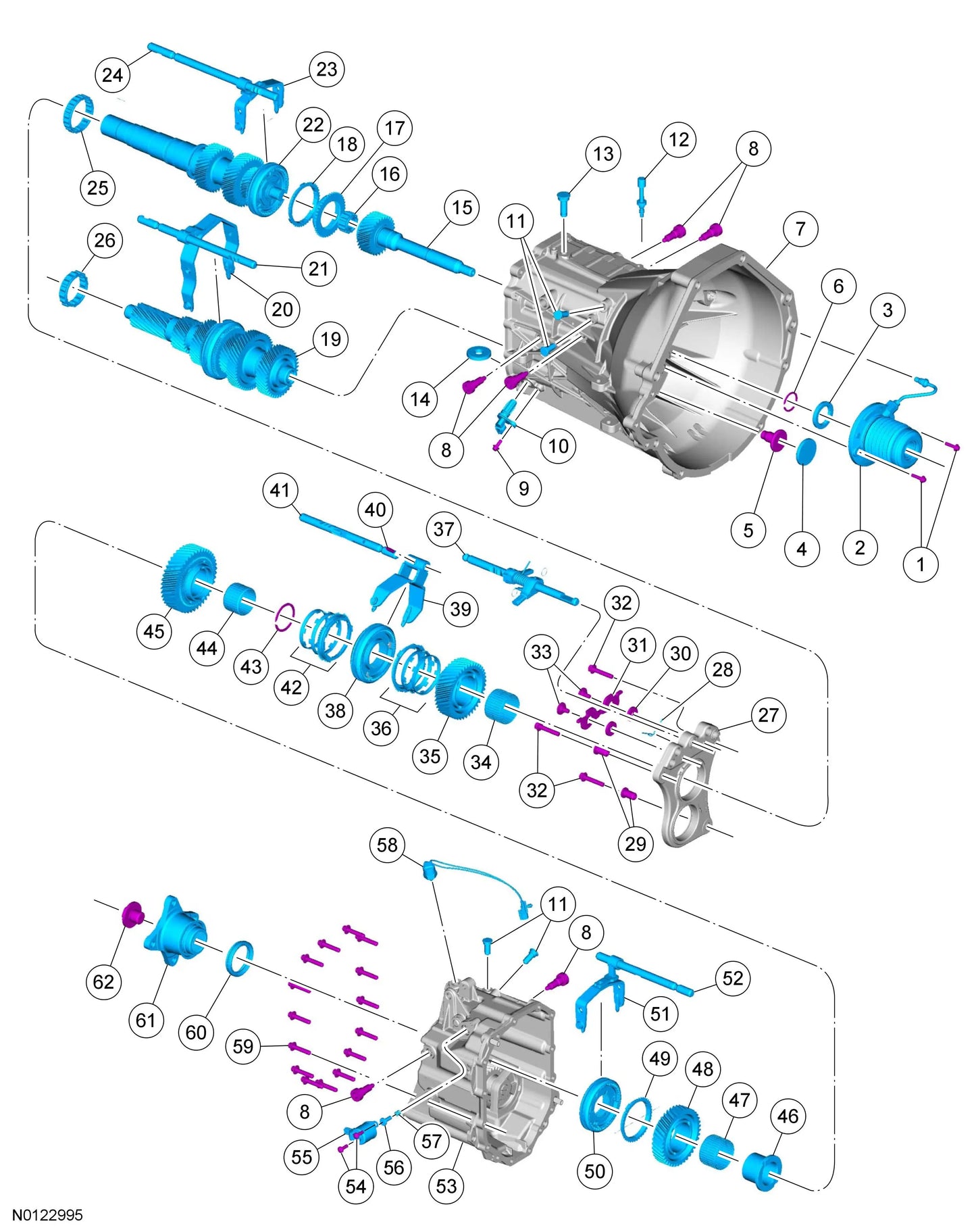 Exploded 3d rendered diagram with part numbers of an MT-82 transmission by High Gear transmission